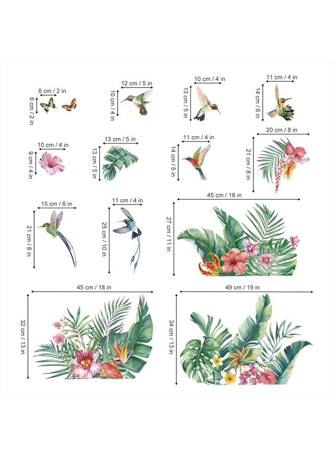 decalmile - Green Tropical Leaves Wall Decals Tropical Hibiscus Flower Palm Leaf Wall Stickers Living Room Bedroom Office Wall Decor - Image 1