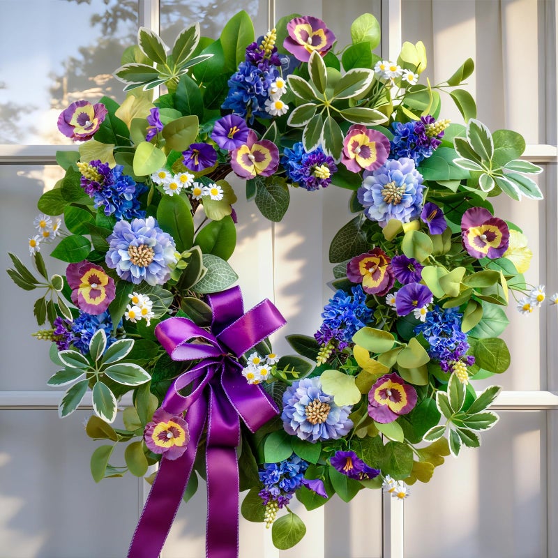 Soomeir Spring Wreaths for Front Door 24 Inch, Outdoor Summer Wreath with Pansy, Hydrangea & Floral Accents, Spring Wreath for Front Door Outside, Summer Wreaths Front Door for Home Decor - Image 1