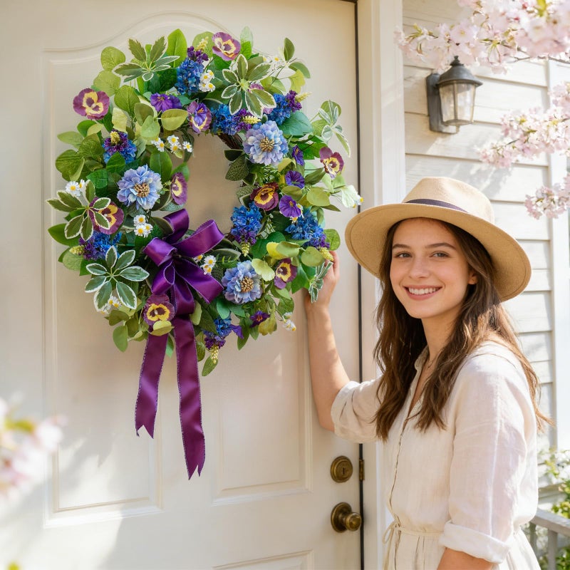 Soomeir Spring Wreaths for Front Door 24 Inch, Outdoor Summer Wreath with Pansy, Hydrangea & Floral Accents, Spring Wreath for Front Door Outside, Summer Wreaths Front Door for Home Decor - Image 2
