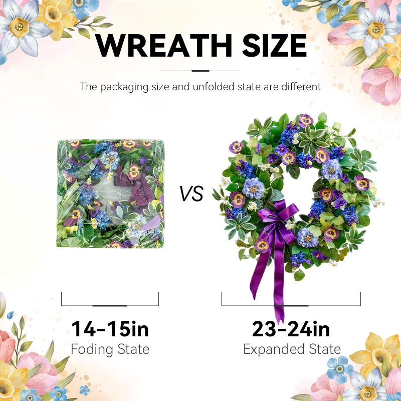 Soomeir Spring Wreaths for Front Door 24 Inch, Outdoor Summer Wreath with Pansy, Hydrangea & Floral Accents, Spring Wreath for Front Door Outside, Summer Wreaths Front Door for Home Decor - Image 4