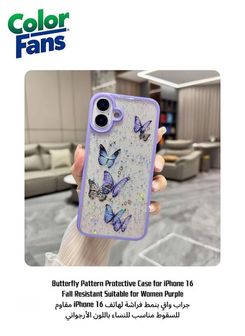 Butterfly Pattern Protective Case for iPhone 16 Fall Resistant Suitable for Women Purple
