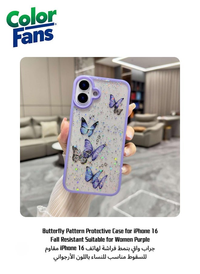 Color Fans Butterfly Pattern Protective Case for iPhone 16 Fall Resistant Suitable for Women Purple 