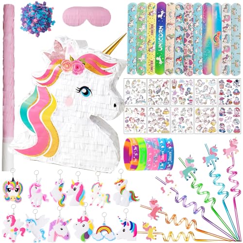 FIGEPO Unicorn Pinata Party Favors for Girl Birthday Party Supplies with Unicorn Pinata Stickers Slap Bracelets Keychains Silicone Bands and Straws White - Image 1
