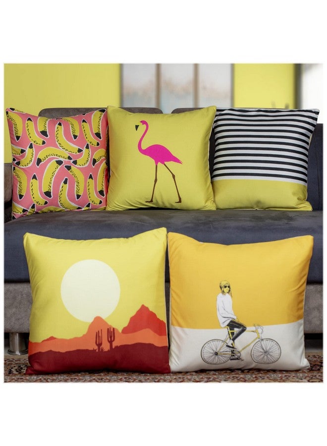 Vendola Satin 250TC Cushion Pillow Covers, Multicolor, Set of 5 Cushion/Throw Covers (24X24 Inches, Bumble Bee) - Image 1