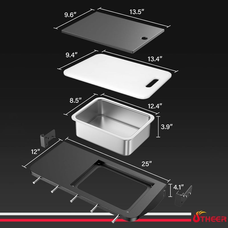 Utheer Upgraded Folding Front Shelf Accessories for Traeger Pro 22, Pro 575, Ironwood 650, BAC362, All-in-One Grill Table with Works Cutting Board,Basin,5 Hooks, Steel Grill Accessory for Food Prep & Storage - Image 2
