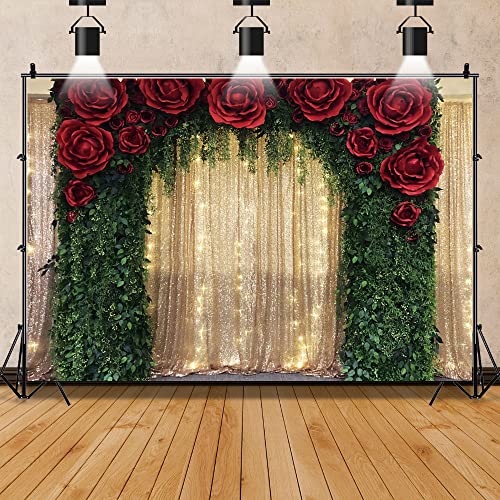 Eainb 10x8ft Gold Sequin Backdrop Red Rose Green Tree Vine Decoration Backdrop for Wedding Birthday Anniversary Engagement Baby Shower Event Decor Banner - Image 2