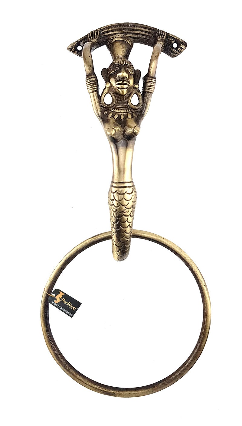 Two Moustaches Mermaid Design Brass Towel Hanger, Brass Towel Holders for Bathroom, Standard, Pack of 1 - Image 1