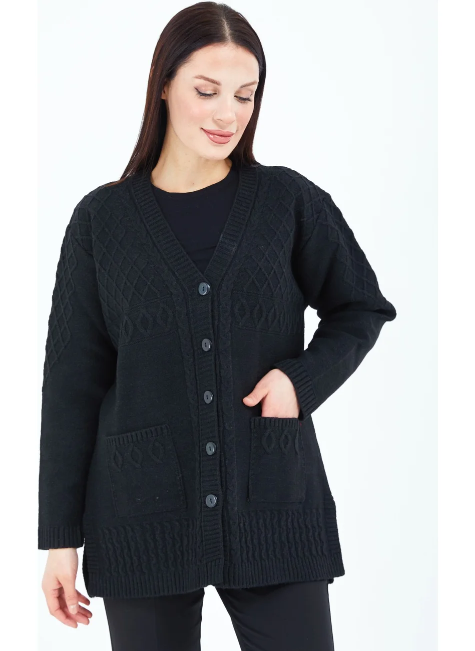 Stilmony Women's Black Buttoned Wool Mother's Knitwear Short Cardigan