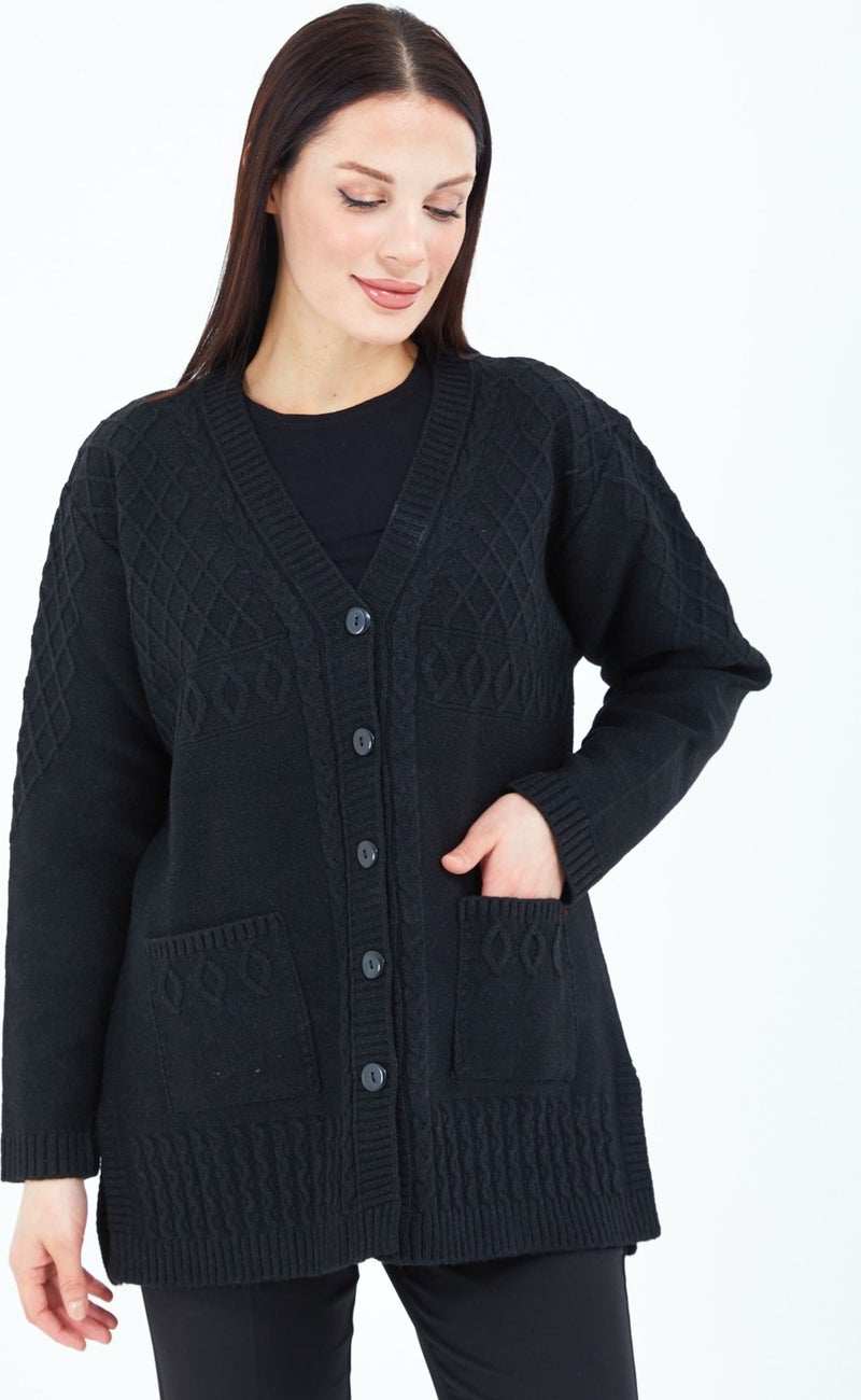 Stilmony Women's Black Buttoned Wool Mother's Knitwear Short Cardigan - Image 1