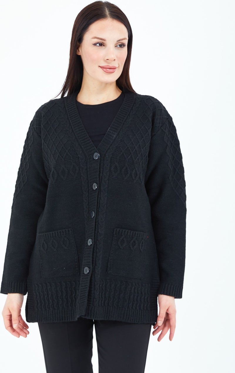 Stilmony Women's Black Buttoned Wool Mother's Knitwear Short Cardigan - Image 2