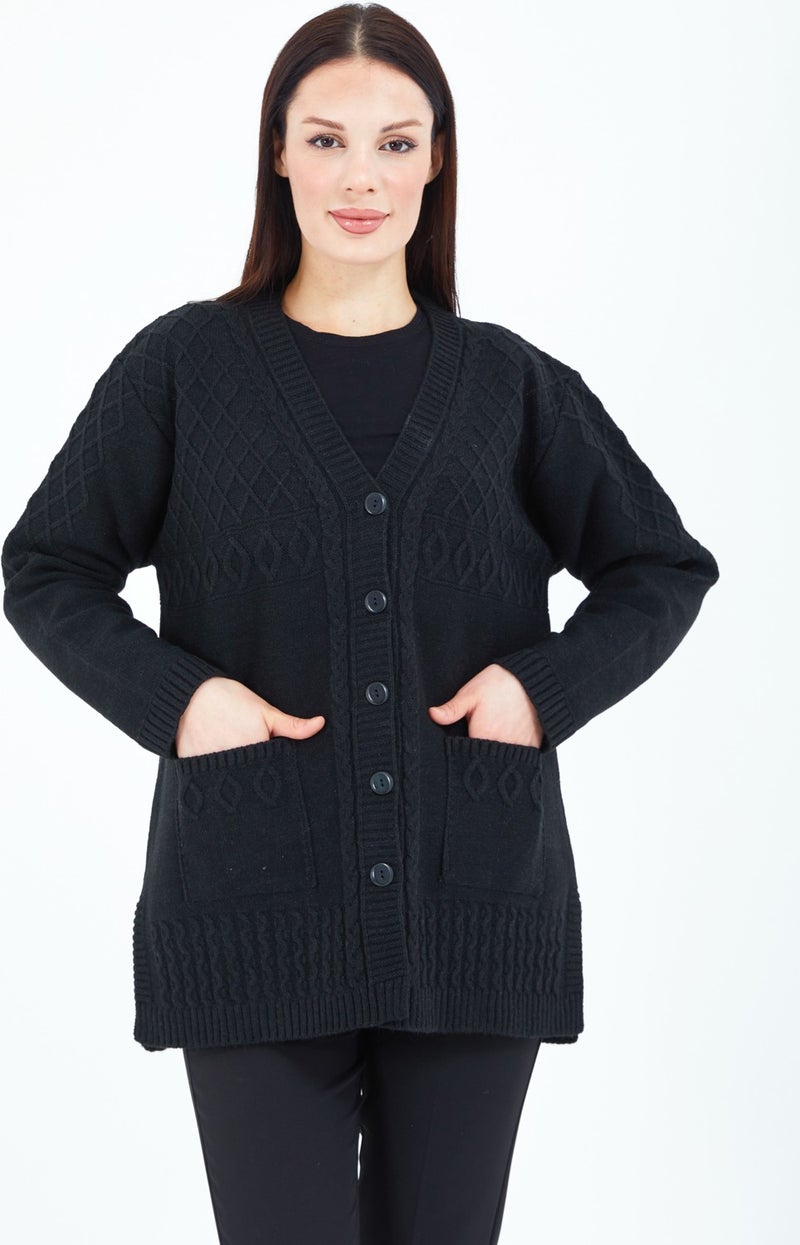 Stilmony Women's Black Buttoned Wool Mother's Knitwear Short Cardigan - Image 4