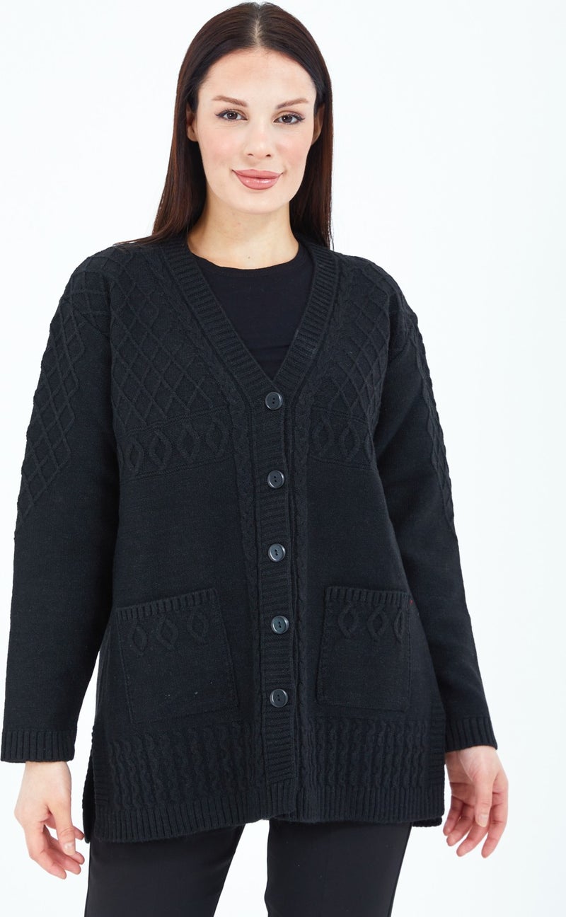 Stilmony Women's Black Buttoned Wool Mother's Knitwear Short Cardigan - Image 5
