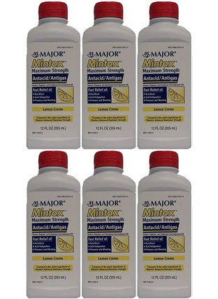 MAJOR MAJOR Mintox Maximum Strength Antacid/Antigas for Fast Relief of Heartburn, Acid Indigestion, Pressure, Bloating - Lemon Creme - 12 Fl Oz (355 mL) (6 Pack) 