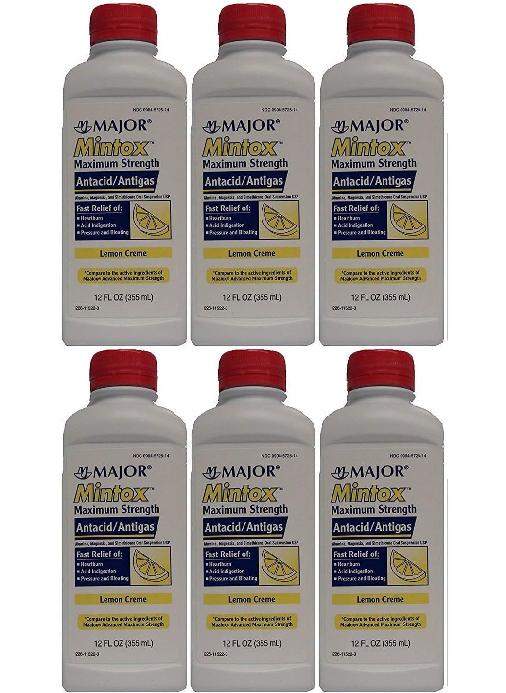 MAJOR MAJOR Mintox Maximum Strength Antacid/Antigas for Fast Relief of Heartburn, Acid Indigestion, Pressure, Bloating - Lemon Creme - 12 Fl Oz (355 mL) (6 Pack) 
