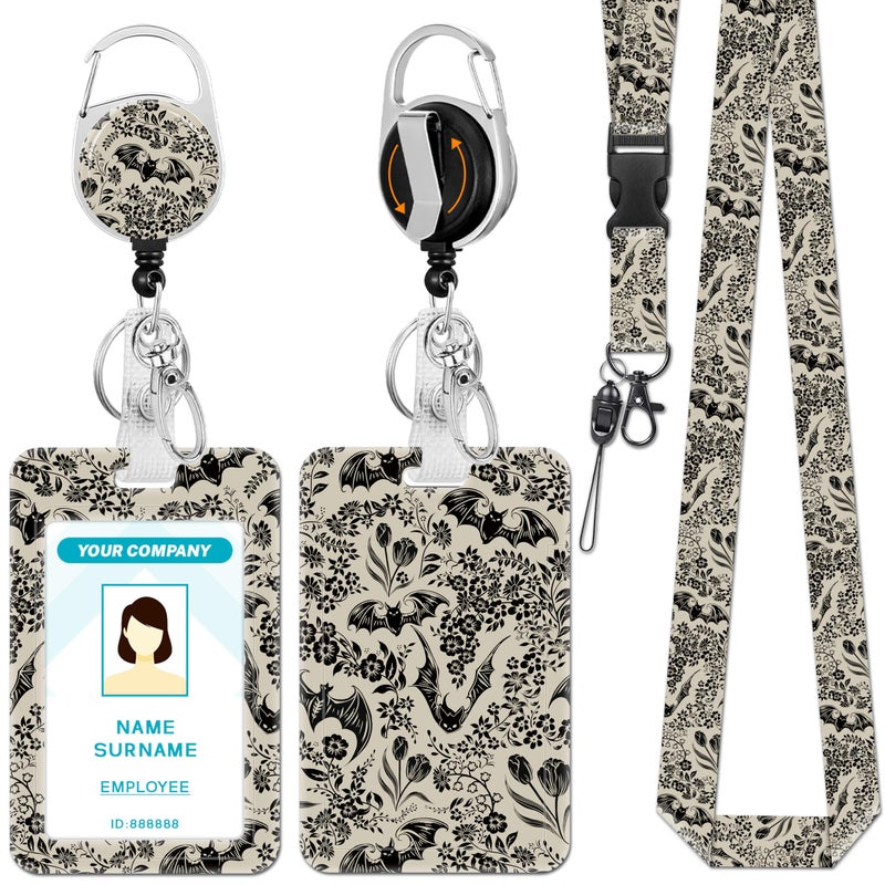 Hancynir Goth Bat Floral Lanyards for Id Badges, Gothic Badge Holder with Retractable Reel Clip, Work Name Tags Keychain Lanyard with ID Holder, Card Protector for Teacher Nurse Doctor Office Gifts - Image 1
