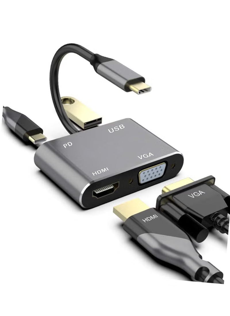 Rock Pow USB C to HDMI VGA Adapter USB Type C Digital AV Multiport Adapter Thunderbolt 3 Converter to HDMI 4K UHD+VGA 1080P+USB3.0+PD Fast Charging Port for MacBook/IPAD Pro/Galaxy S8/S9 4Ports  - Image 1