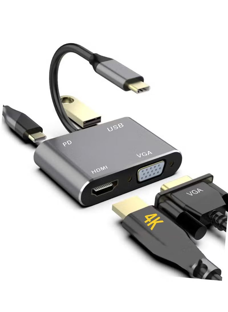 Rock Pow USB C to HDMI VGA Adapter USB Type C Digital AV Multiport Adapter Thunderbolt 3 Converter to HDMI 4K UHD+VGA 1080P+USB3.0+PD Fast Charging Port for MacBook/IPAD Pro/Galaxy S8/S9 4Ports  - Image 1