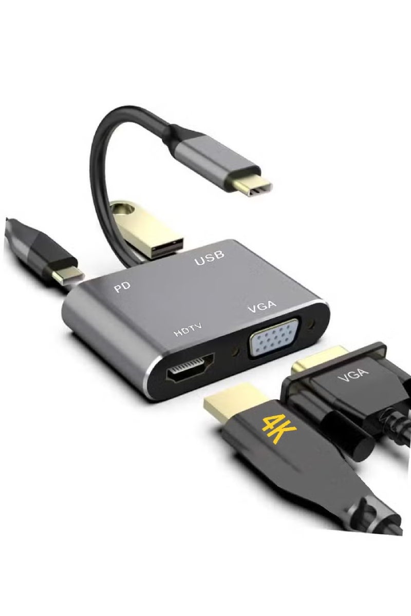 Rock Pow Support 4K Type-C to HUB PD HDTV+VGA+USB Adapter 4in1 Digital AV Multiport Adapter Thunderbolt 3 Converter to HDMI HDTV 4K UHD+VGA 1080P+USB3.0+PD Fast Charging Port for MacBook/IPAD Pro/Galaxy S8/S9 4Ports - Image 1