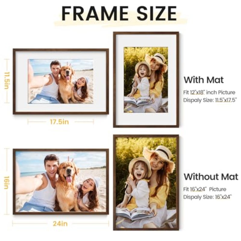 16X24 Oak Wood Picture Frame Brown Poster Frame for 12x18 Picture with Mat or 16x24 without Mat Natural Solid Wooden Picture Frames for Wall Art Photo and Prints - Image 2
