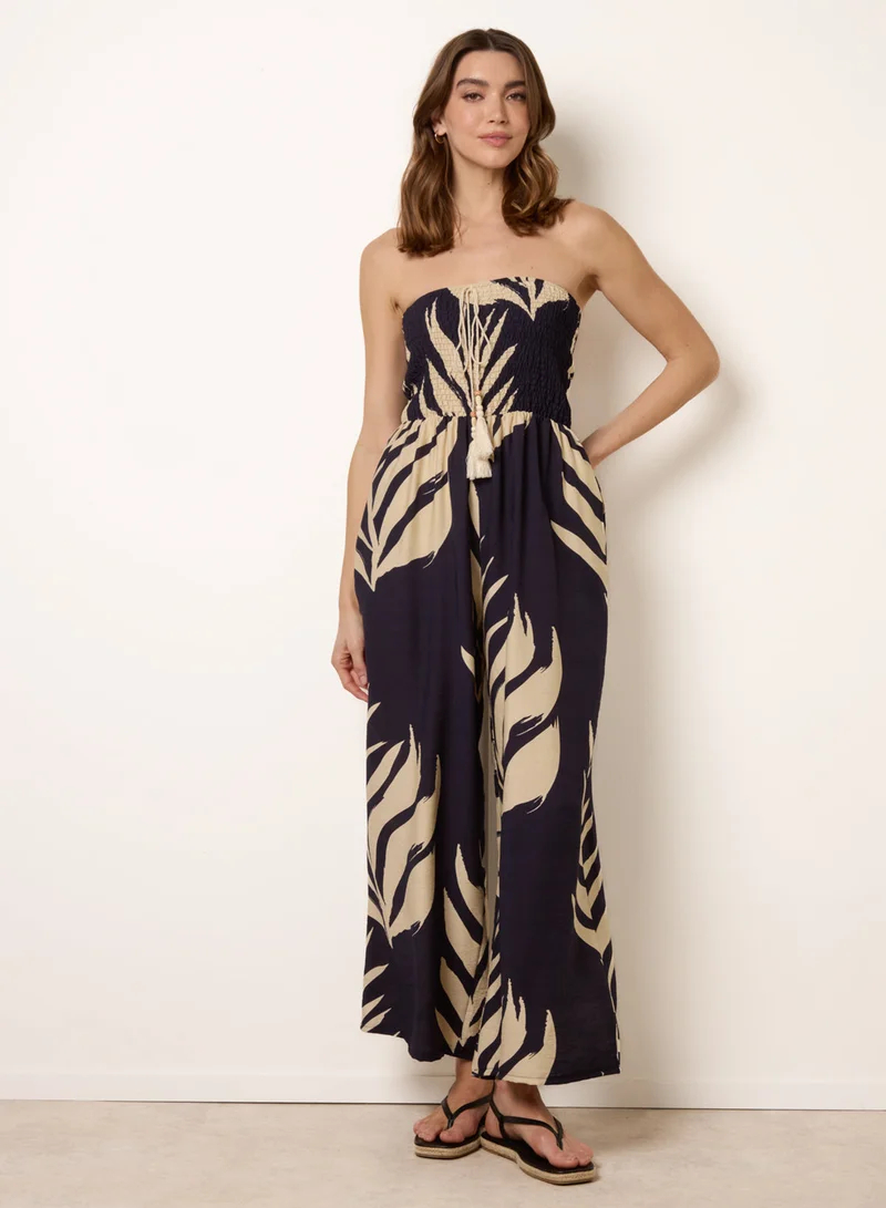بلو فانيلا Printed Bandeau Tie Neck Shirred Jumpsuit