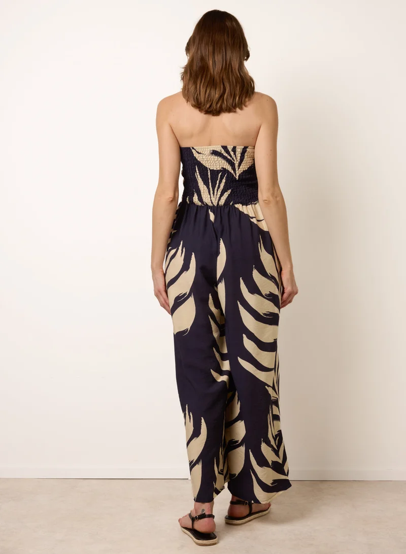 بلو فانيلا Printed Bandeau Tie Neck Shirred Jumpsuit