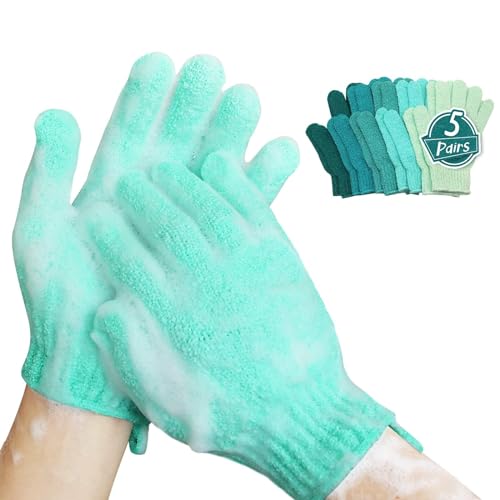 MIG4U Shower Exfoliating Scrub Gloves Medium to Heavy Bathing Gloves Body Wash Dead Skin Removal Deep Cleansing Sponge Loofah for Women and Men 5 Pairs 5 Colors - Image 1