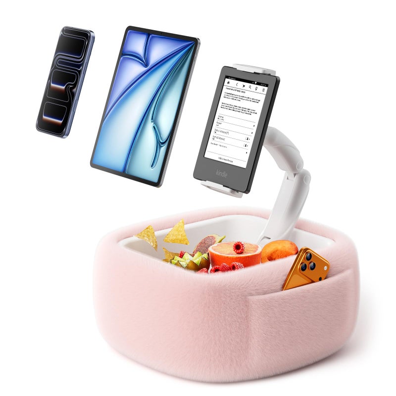 LULULOOK Ultra Fluffy Kindle Pillow Stand for Reading, Lap Tablet Pillow Stand with Snack Bowl & Foldable Arm Compatible with iPad, Phone and 4.7-14.6â€ Tablet for Book Reading in Bed - Image 1
