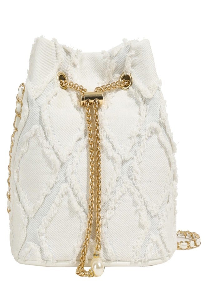 Extolove Denim Bucket Bag Quilted Drawstring Jean Purses for Women Denim Clutch Hobo Bags Crossbody Handbag, White - Image 1