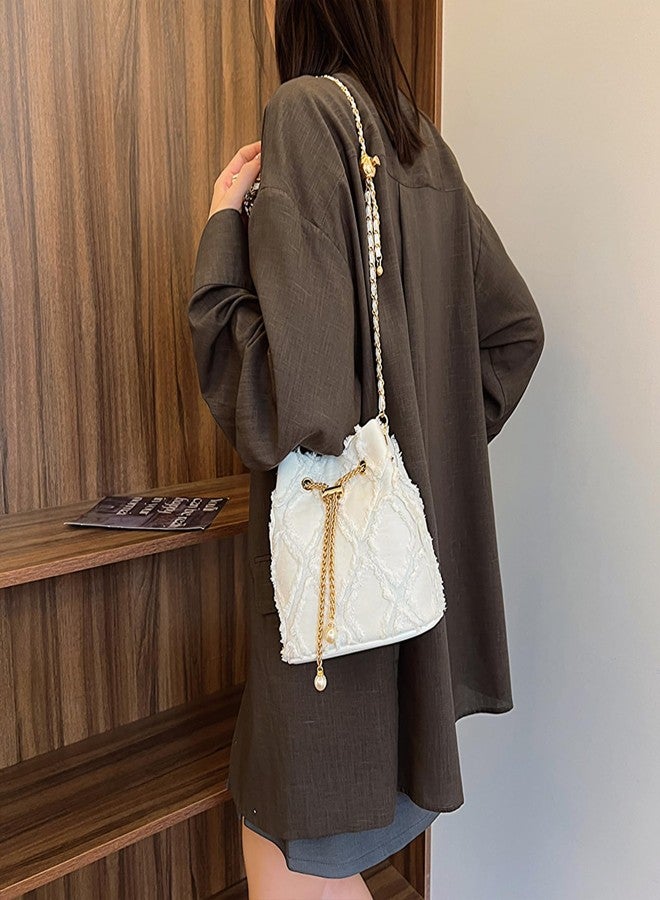 Extolove Denim Bucket Bag Quilted Drawstring Jean Purses for Women Denim Clutch Hobo Bags Crossbody Handbag, White - Image 3
