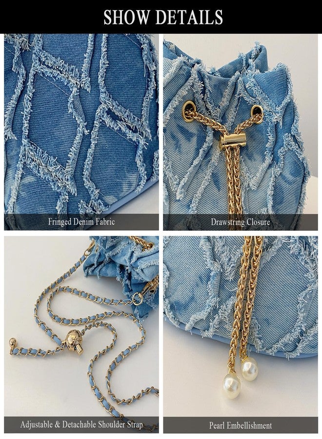 Extolove Denim Bucket Bag Quilted Drawstring Jean Purses for Women Denim Clutch Hobo Bags Crossbody Handbag, White - Image 5