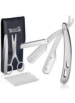 TsMADDTs Professional Straight Razors, Straight Edge Razor Shaving Kit For Men With Silver Straight Blade Razor, 20-Pack Single Edge Blade, Scissors, Tweezers, Leather Blade Holder  - Image 1