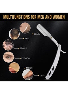 TsMADDTs Professional Straight Razors, Straight Edge Razor Shaving Kit For Men With Silver Straight Blade Razor, 20-Pack Single Edge Blade, Scissors, Tweezers, Leather Blade Holder  - Image 5