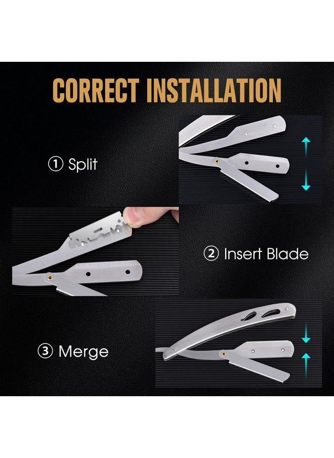 TsMADDTs Professional Straight Razors, Straight Edge Razor Shaving Kit For Men With Silver Straight Blade Razor, 20-Pack Single Edge Blade, Scissors, Tweezers, Leather Blade Holder  - Image 4