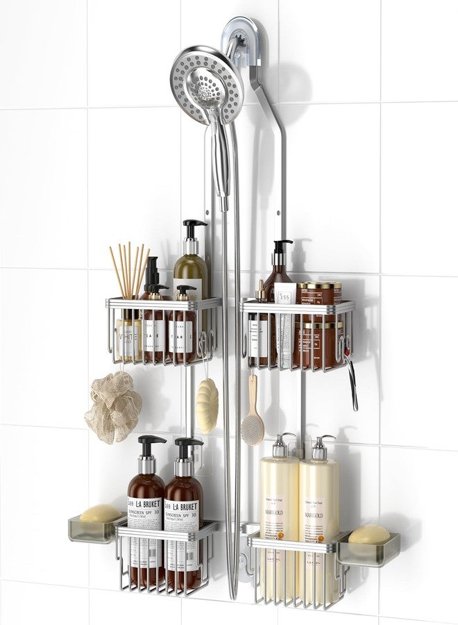 REINHARDT Aluminum Shower Caddy Hanging Adjustable Shower Caddy, Rustproof Hanging Shower Organizer with Hooks Soap Holders, Over Shower Head Caddy for Handheld Showerhead, Silver - Image 1