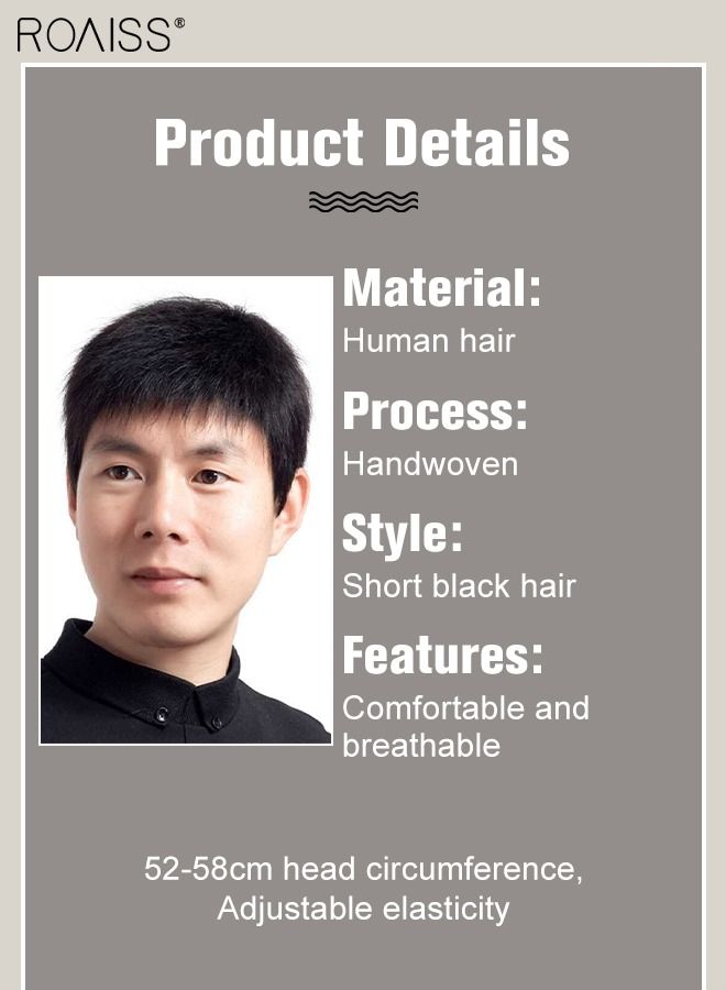roaiss Men's Hair Toupee, Natural Black Hair Pieces Short Wig Real Human Hair Topper for Male for Covering White or Loss Hair, Hand-made Hair Extensions Daily Wear - Image 3