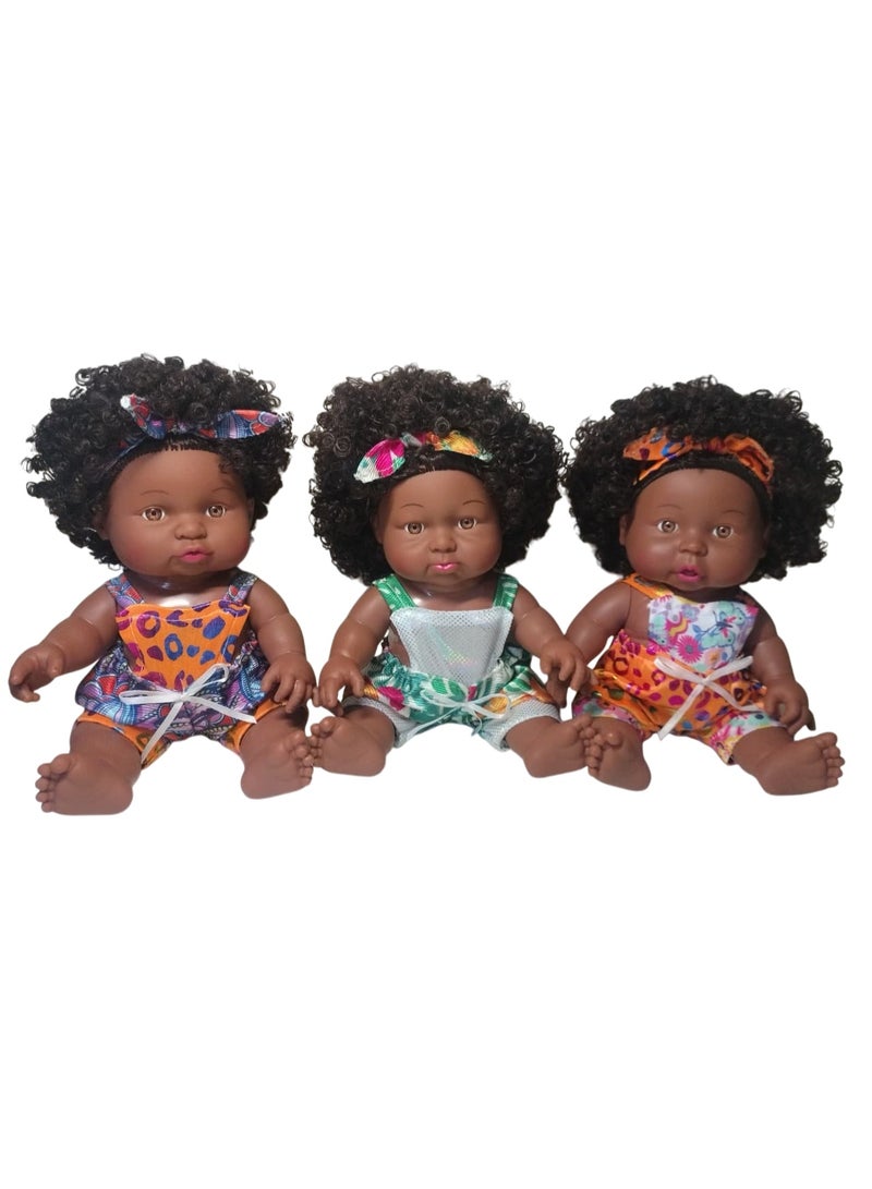 Genérico Cute Face African Girl Doll Safe Materials Soft Vinyl Rooted Hair for Children, Combo of 3 (Full Set) - Image 1