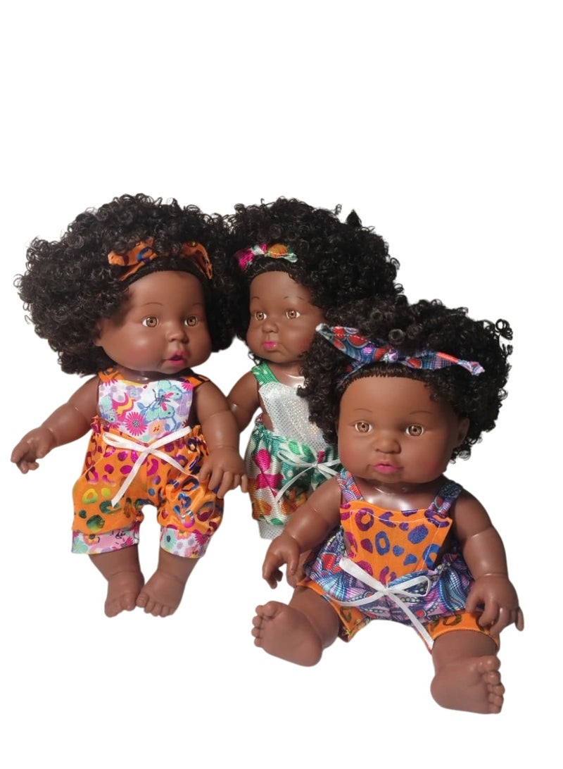 Genérico Cute Face African Girl Doll Safe Materials Soft Vinyl Rooted Hair for Children, Combo of 3 (Full Set) - Image 2