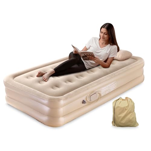 Robustt Polyvinyl Chloride (PVC) Portable Air Mattress with Built-in Pump (190 x 100 x 40 cms)| Double Layer Inflatable Bed for Home, Camping & Guest Use | Ultra-Comfortable Waterproof Airbed, Beige - Image 1