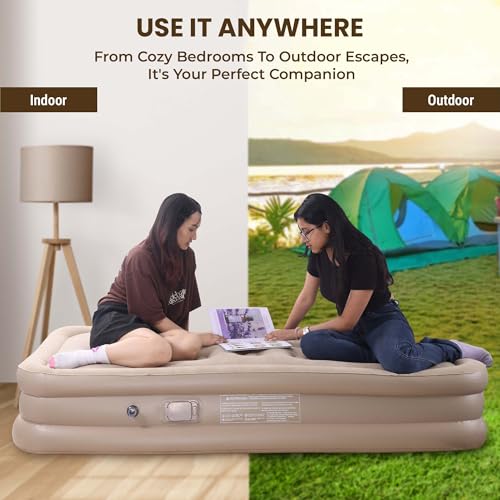 Robustt Polyvinyl Chloride (PVC) Portable Air Mattress with Built-in Pump (190 x 100 x 40 cms)| Double Layer Inflatable Bed for Home, Camping & Guest Use | Ultra-Comfortable Waterproof Airbed, Beige - Image 3