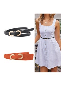 Women Leather Belt, 2 PCS Ladies Skinny Leather Belts for Women, Adjustable Slim Thin Waist Belt with Gold Alloy Buckle for Dresses Blouse（Black, Camel)