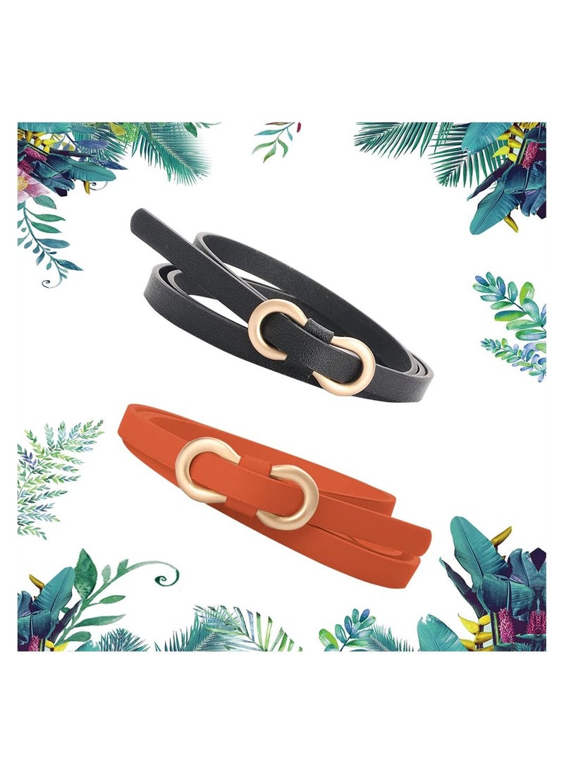 SYOSI - Women Leather Belt, 2 PCS Ladies Skinny Leather Belts for Women, Adjustable Slim Thin Waist Belt with Gold Alloy Buckle for Dresses Blouse（Black, Camel) - Image 1
