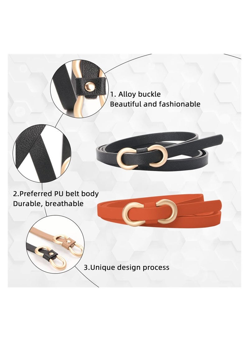 SYOSI - Women Leather Belt, 2 PCS Ladies Skinny Leather Belts for Women, Adjustable Slim Thin Waist Belt with Gold Alloy Buckle for Dresses Blouse（Black, Camel) - Image 1