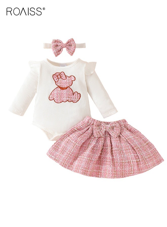 roaiss Baby Girls Clothes, 3PCS Stylish Outfit with Cartoon Romper and Skirt, Little Lady Long Sleeve Romper Top and Plaid Skirt Set with Hair Band, Suitable for Wedding Ceremonies, Performances and Outdoor Activities - Image 1