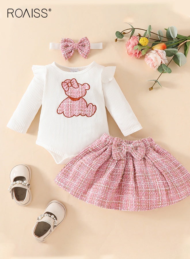 roaiss Baby Girls Clothes, 3PCS Stylish Outfit with Cartoon Romper and Skirt, Little Lady Long Sleeve Romper Top and Plaid Skirt Set with Hair Band, Suitable for Wedding Ceremonies, Performances and Outdoor Activities - Image 2