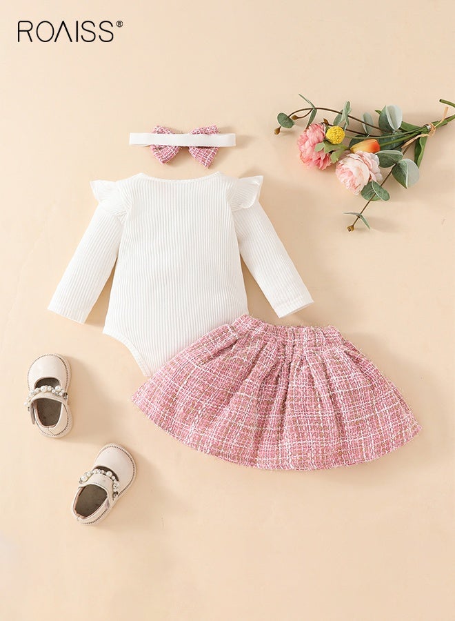 roaiss Baby Girls Clothes, 3PCS Stylish Outfit with Cartoon Romper and Skirt, Little Lady Long Sleeve Romper Top and Plaid Skirt Set with Hair Band, Suitable for Wedding Ceremonies, Performances and Outdoor Activities - Image 3