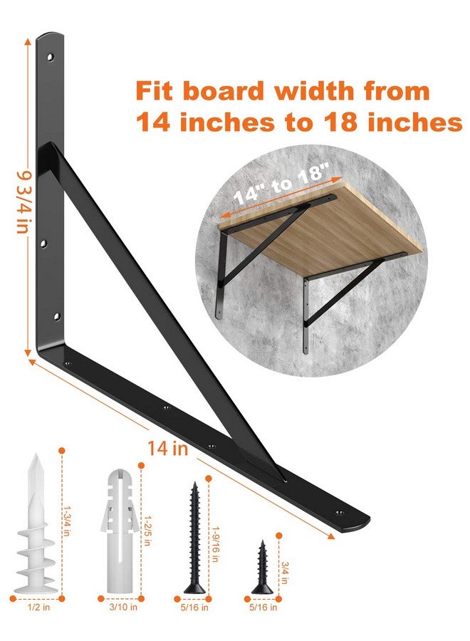 LuckIn 8-Pack 14 Inch Heavy Duty Shelf Bracket, Fit for 14 16 18 Inch Floating Shelves, Wall Shelf L Brackets with 90 Degree Triangle, 250 LBS Max Load, Mounting Hardware Included, Black - Image 2