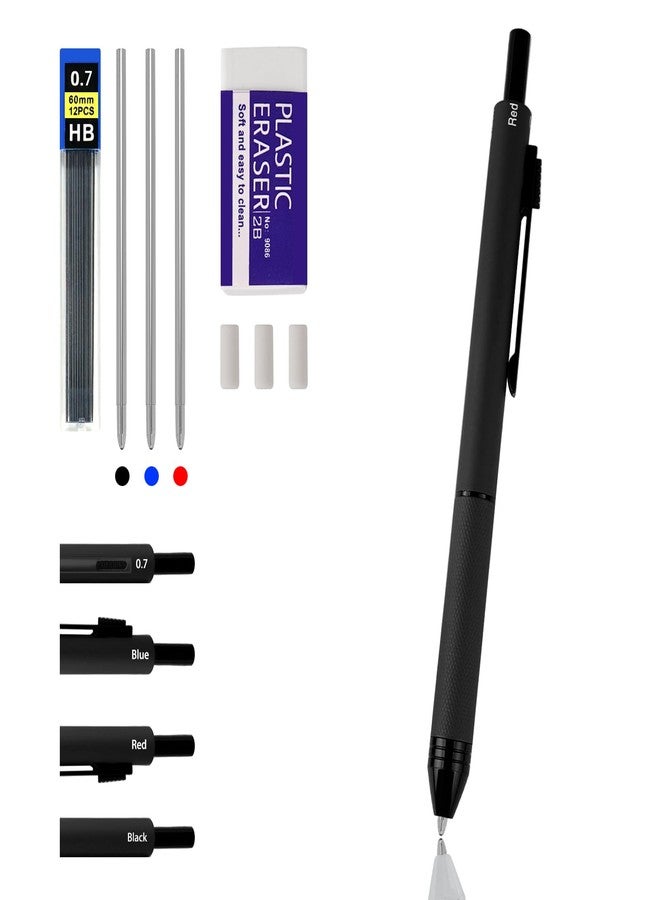 RANBOS 4-in-1 Four-Color Multifunctional Pen, Black/Red/Blue Ballpoint Pen and 0.7mm Mechanical Pencil, Metal Case Pen, Great Gift for Friends, Loved Ones (Black) - Image 1