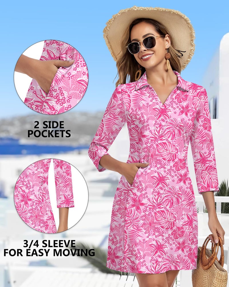 WOWENY 3/4 Sleeve Dress for Women with Pockets V Neck UPF 50+ Casual Sun Dress Breathable Quick Dry Beach Vacation (Pink Floral, L) - Image 4