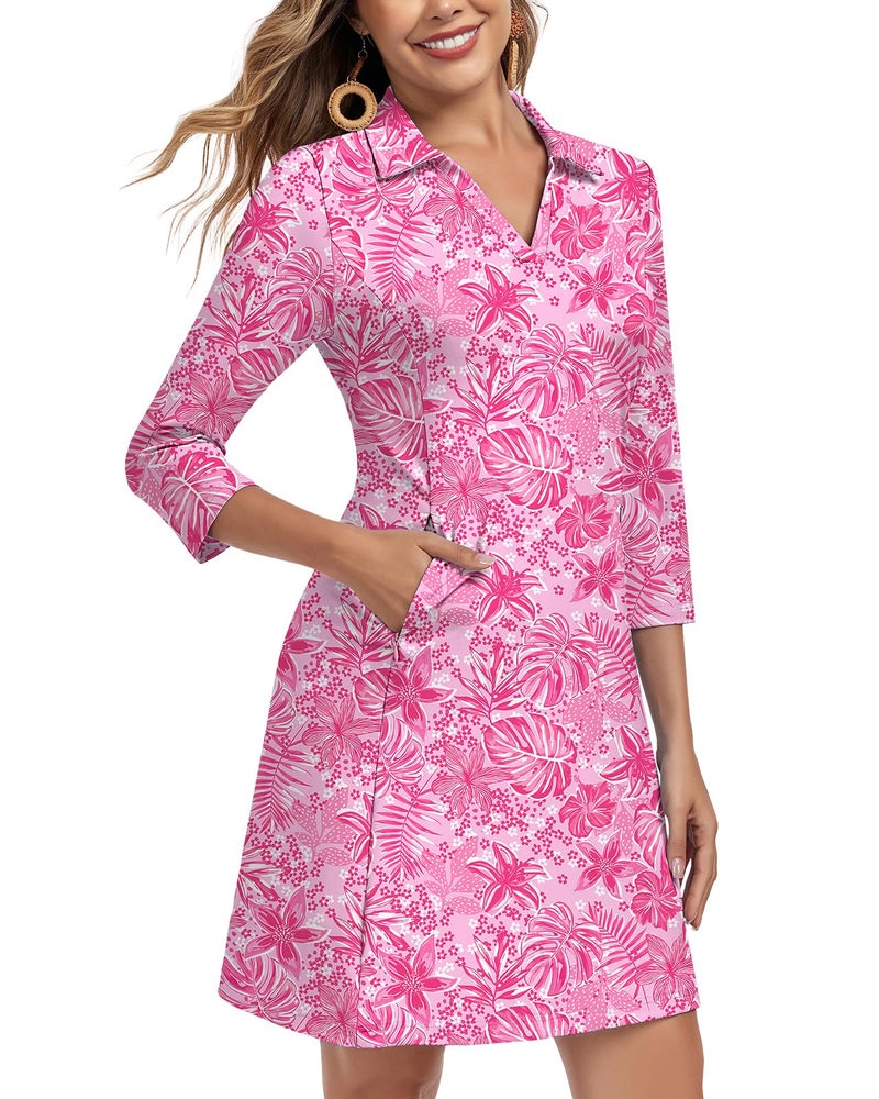WOWENY 3/4 Sleeve Dress for Women with Pockets V Neck UPF 50+ Casual Sun Dress Breathable Quick Dry Beach Vacation (Pink Floral, L) - Image 2