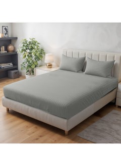 Rest Stripe Fitted Sheet Set Twin 120 X 200+25 Cm + 2 Pillowcases 50 X 75 Cm Brushed Microfiber Premium Durable Quality Deep Pocket For A Perfect Fit Shrinkage Fade Resistant Grey  - Image 1